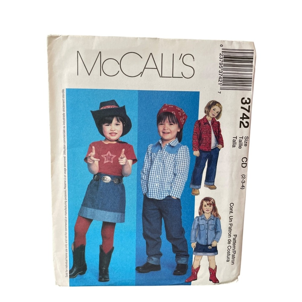 McCall's Sewing Pattern Kids 2-3-4 3742 Western Shirt Pants Skirt Top